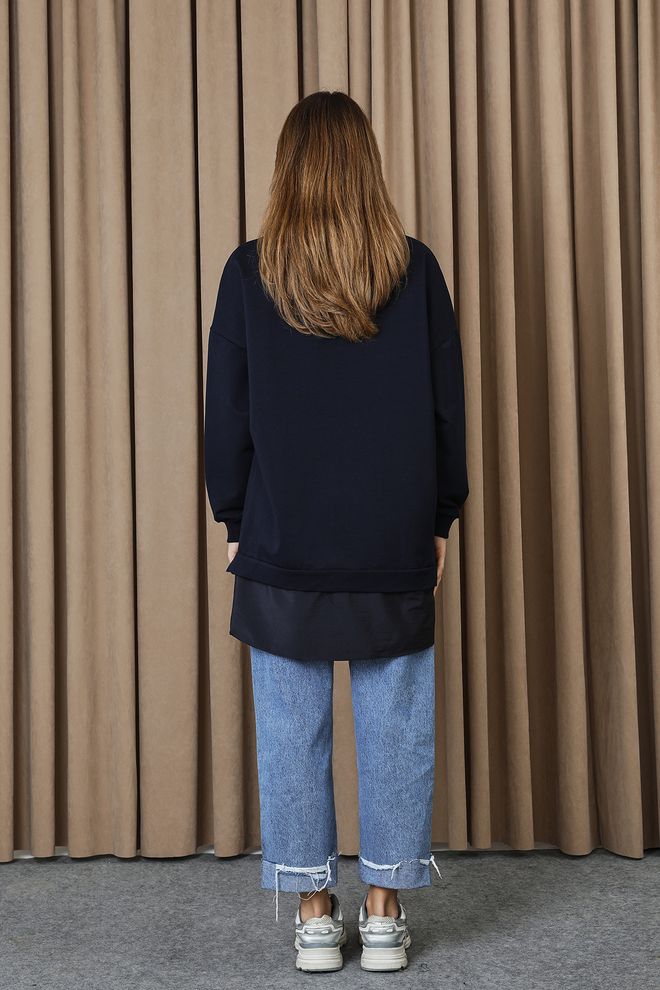 Puane Navy Blue Floral Oversized Tunic Long Sleeve Crew Neck Wholesale Clothing Casual