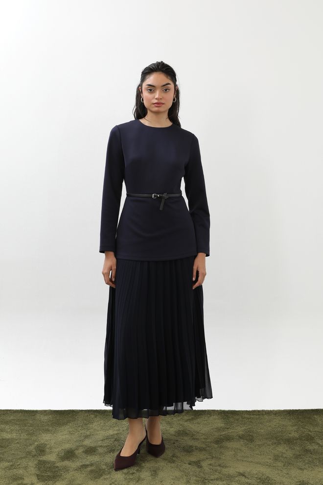 Puane Скромное Платье Миди Темно синее С Расклешением Оптовая продажа одежды Скромный