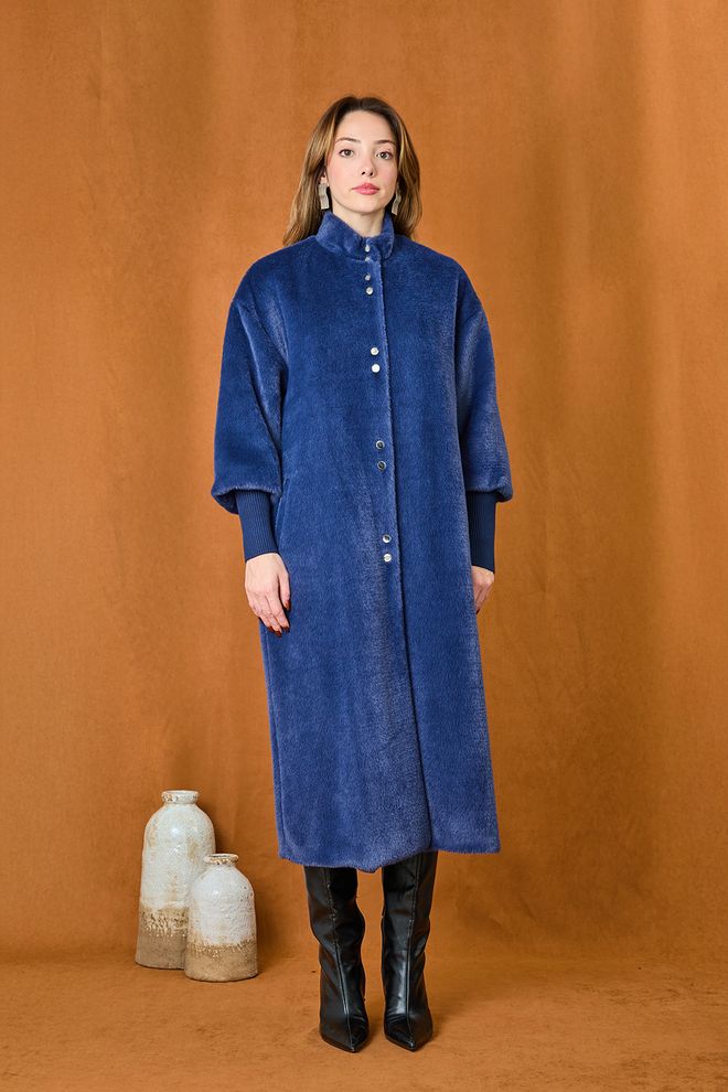 Puane Casaco De Pelagem Azul Com Ajuste Tamanho Grande E Colarinho De Padre Roupas por atacado Trabalho