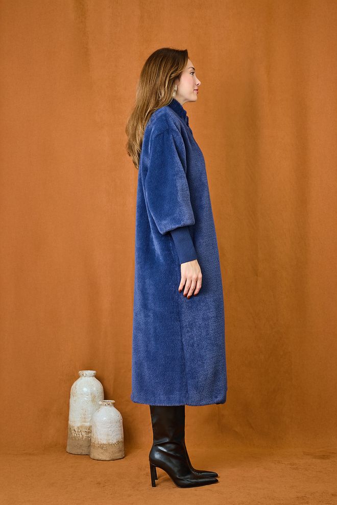 Puane Casaco De Pelagem Azul Com Ajuste Tamanho Grande E Colarinho De Padre Roupas por atacado Outono