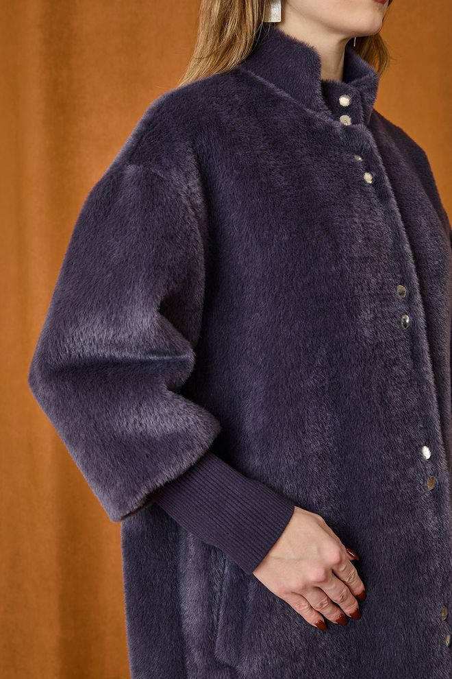 Puane Casaco Longo De Pele Azul marinho Oversized Com Manga 3/4 Roupas por atacado 5