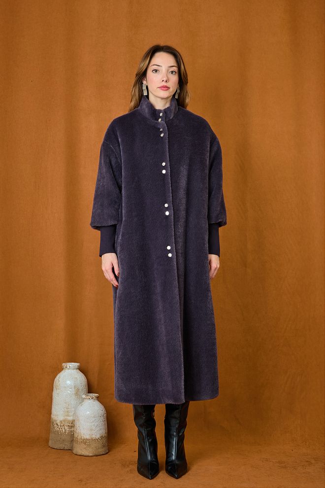 Puane Casaco Longo De Pele Azul marinho Oversized Com Manga 3/4 Roupas por atacado Trabalho