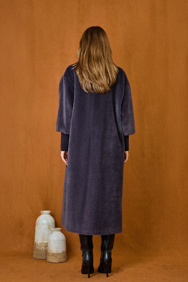 Puane Casaco Longo De Pele Azul marinho Oversized Com Manga 3/4 Roupas por atacado Casual