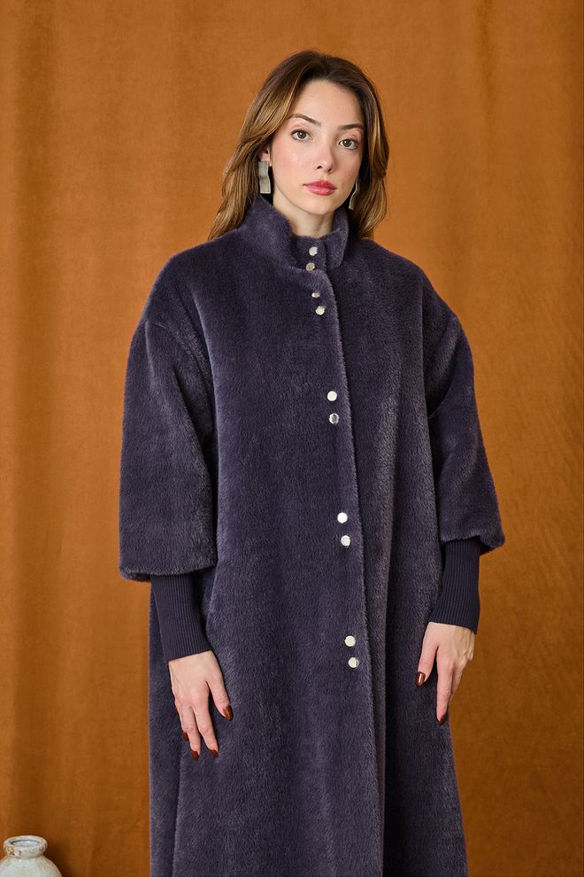 Puane Casaco Longo De Pele Azul marinho Oversized Com Manga 3/4 Roupas por atacado 1