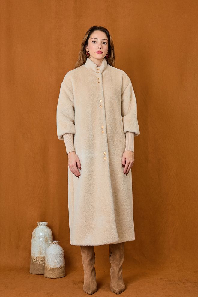 Puane Casaco Teddy Bege Com Colarinho De Padre E Fecho De Botão De Encaixe Roupas por atacado Trabalho