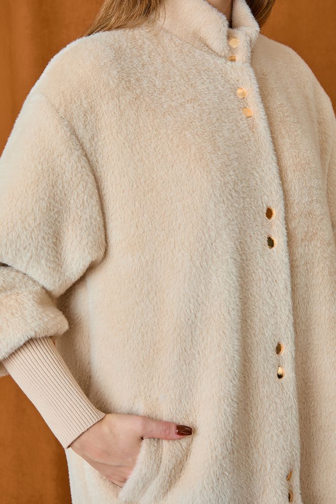 Puane Casaco Teddy Bege Com Colarinho De Padre E Fecho De Botão De Encaixe Roupas por atacado Vintage