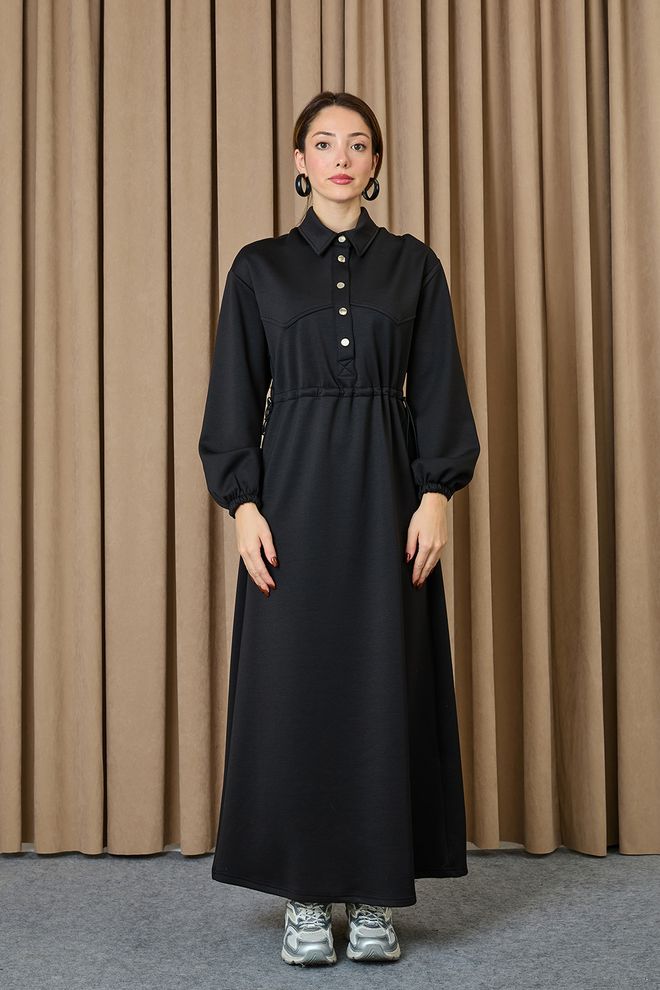 Puane Czarna Sukienka Typu Shift Z Kołnierzem Polo I Długim Rękawem Hurtowa sprzedaż odzieży Odpoczynek