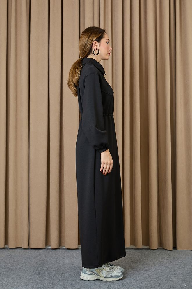 Puane Czarna Sukienka Typu Shift Z Kołnierzem Polo I Długim Rękawem Hurtowa sprzedaż odzieży Wiosna