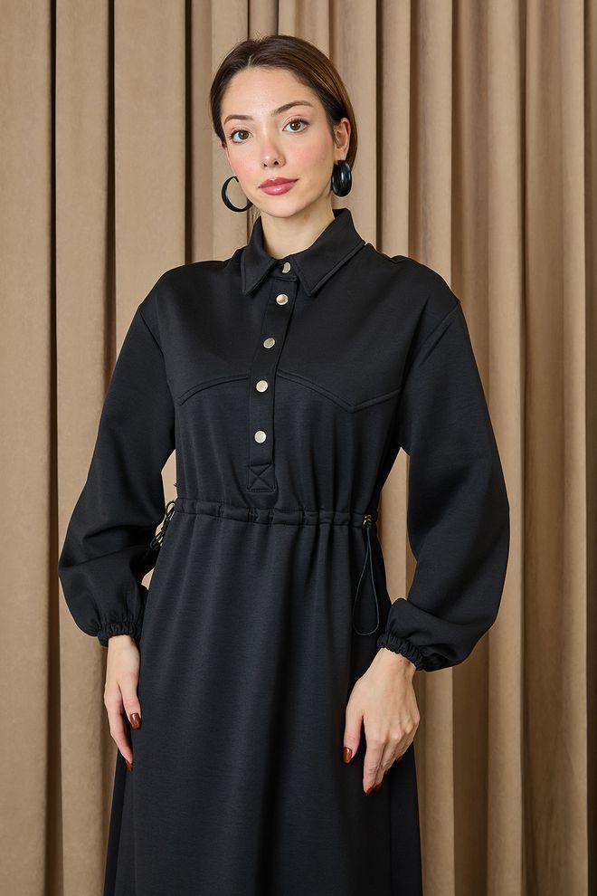 Puane Czarna Sukienka Typu Shift Z Kołnierzem Polo I Długim Rękawem Hurtowa sprzedaż odzieży 1