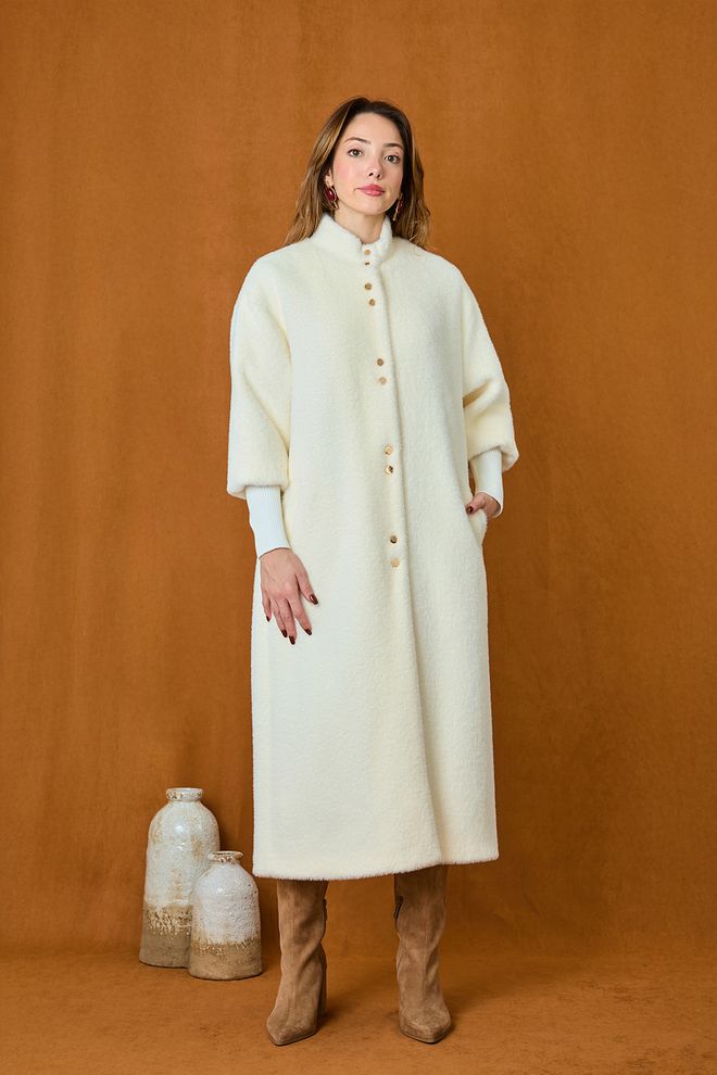 Puane Haină Albă Elegantă Cu Un Rând Nasturi Lungă Îmbrăcăminte cu ridicata Casual