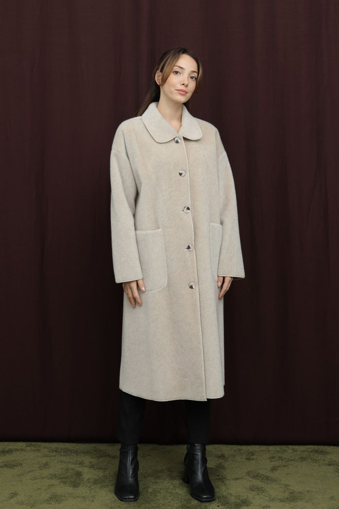 Puane Beige Elegante Enkelrijige Lange Jas Groothandel Kleding Bescheiden