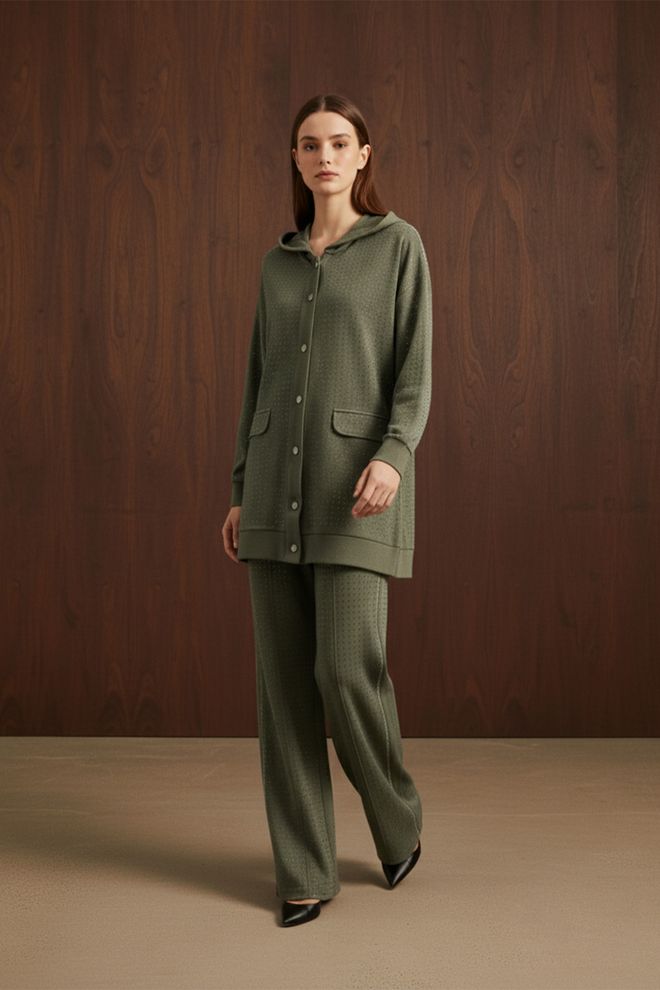 Puane Σετ Πράσινο Casual Απλό Με Λαιμόκοψη Με Κουκούλα Χονδρικό εμπόριο ενδυμάτων Απλό