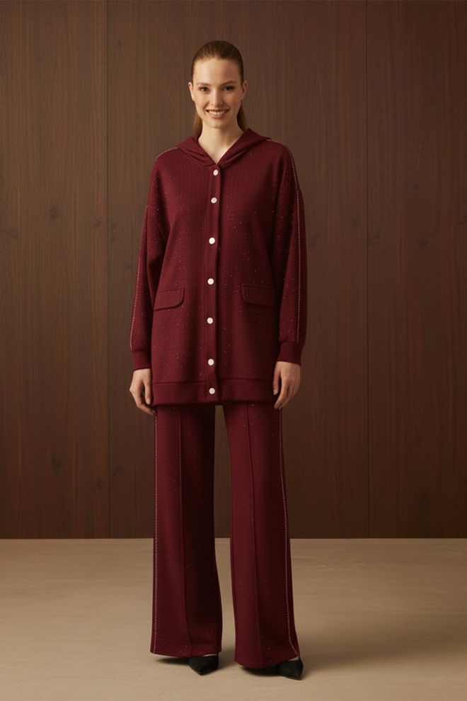 Puane Claret Red Casual Modest Set With Palazzo Pants Wholesale Clothing Modest