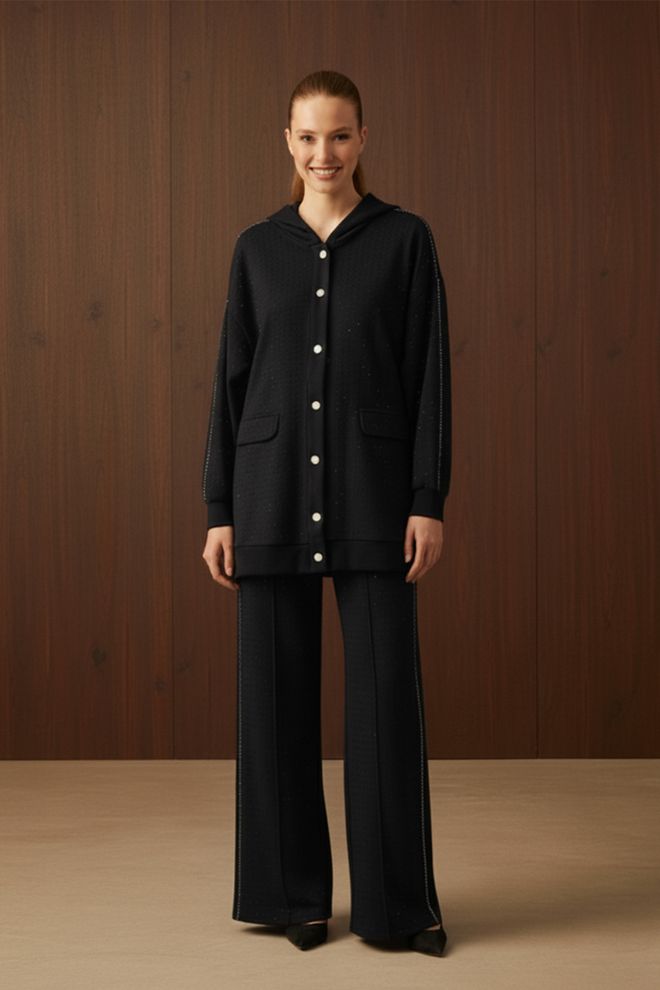 Puane Set Palazzo Nero Con Vestibilità Oversize E Collo Con Cappuccio Abbigliamento all'ingrosso Modesto