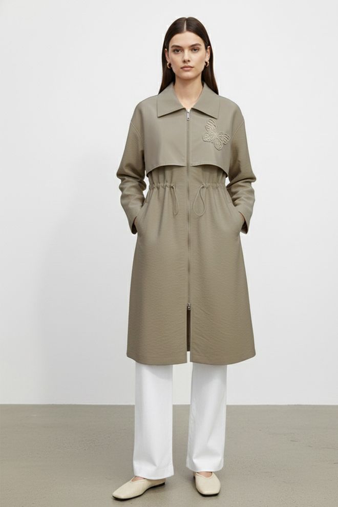 Puane Abrigo Largo Caqui De Un Solo Pecho Con Cierre De Cremallera Ropa al por mayor Modesto