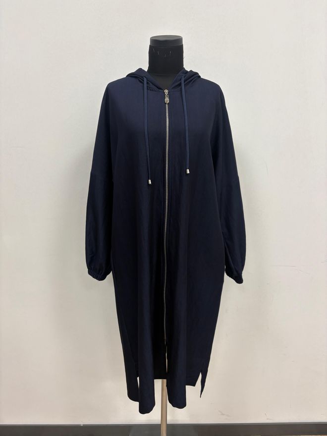 Puane Lacivert Kapüşonlu Bol Kalıp Fermuarlı Kaban Toptan Giyim Tesettür