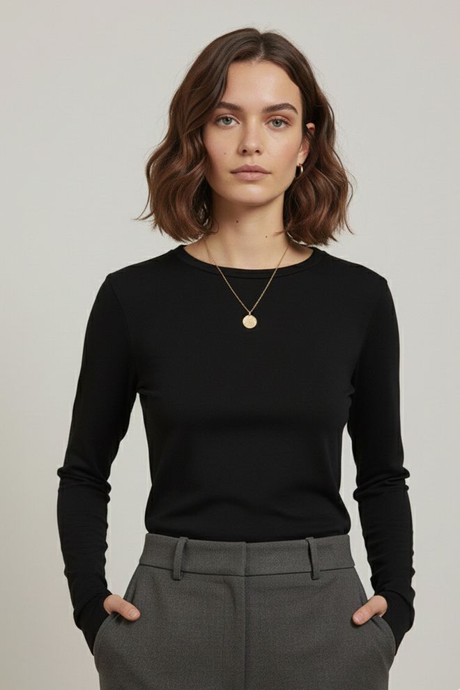 Puane Schwarze Slim Fit Bluse Mit Langem Geraden Ärmel Und Rundhalsausschnitt Großhandelskleidung Lässig