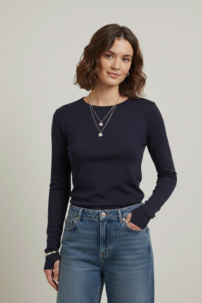 Puane Blúzka Navy Blue Priliehavý Strih Okrúhly Výstrih Dlhý Rukáv Veľkoobchod s oblečením Skromný