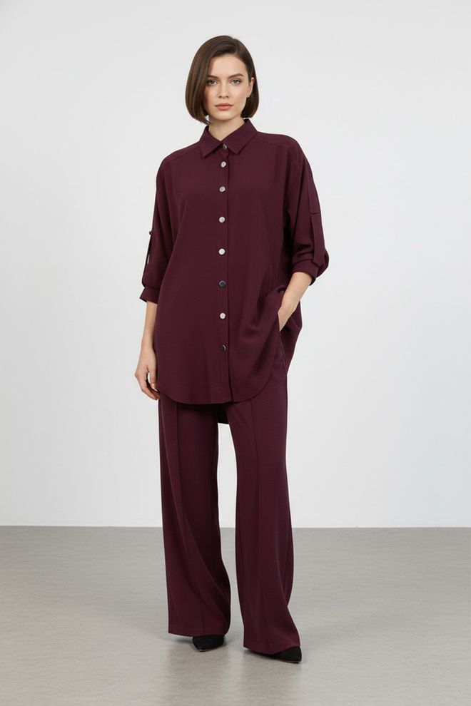 Puane مجموعة رياضية أرجواني داكن برقبة بولو وسروال بالازو واسع ملابس بالجملة محتشم