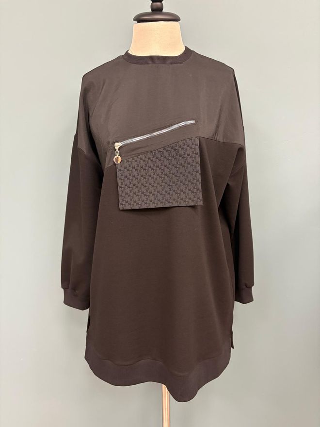 Puane Hnedá Oversized Tunika So Zipsom A Vzorom Houndstooth Veľkoobchod s oblečením Skromný