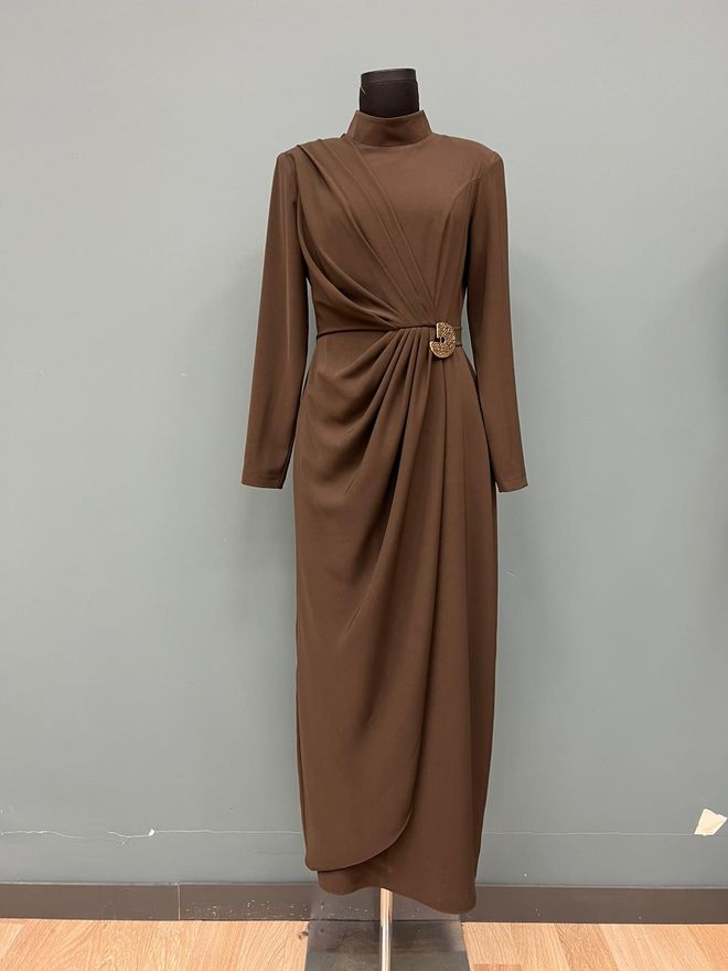 Puane Elegant Brown Modest Sheath Dress High Neck Midi Wholesale Clothing Modest