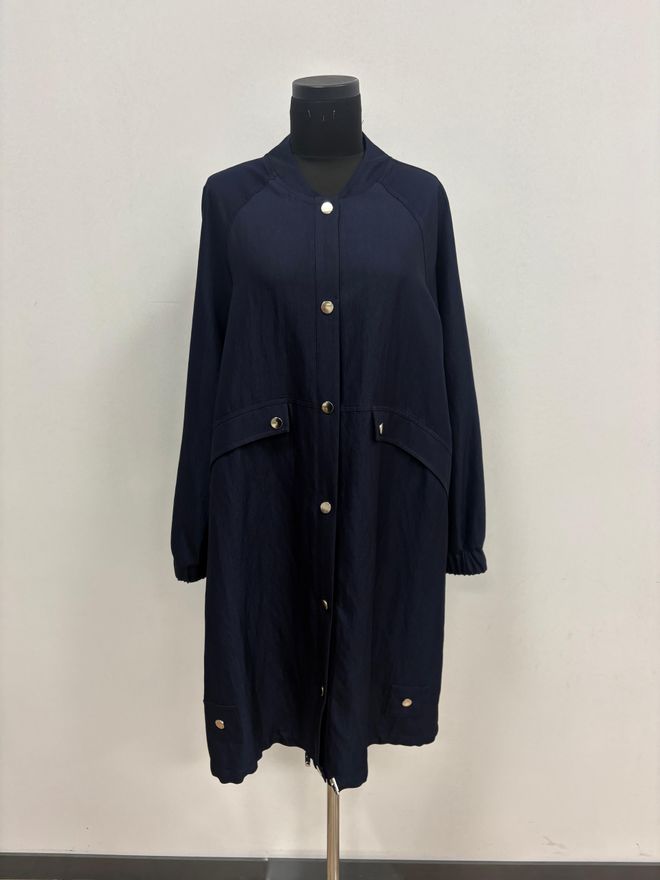 Puane Navy Blue Single Breasted Long Coat With Band Collar Wholesale Clothing Modest