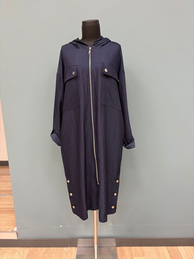 Puane Kabát Navy Blue S Kapucňou Zipsom A Vreckami S Chlopňou Veľkoobchod s oblečením Skromný