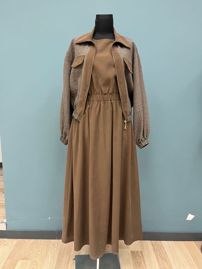 Puane فستان بني محتشم بقصة ألف ماكسي بأكمام طويلة ملابس بالجملة محتشم