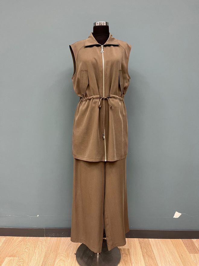 Puane Bruin Casual Palazzo Wijde Pijp Set Groothandel Kleding Bescheiden