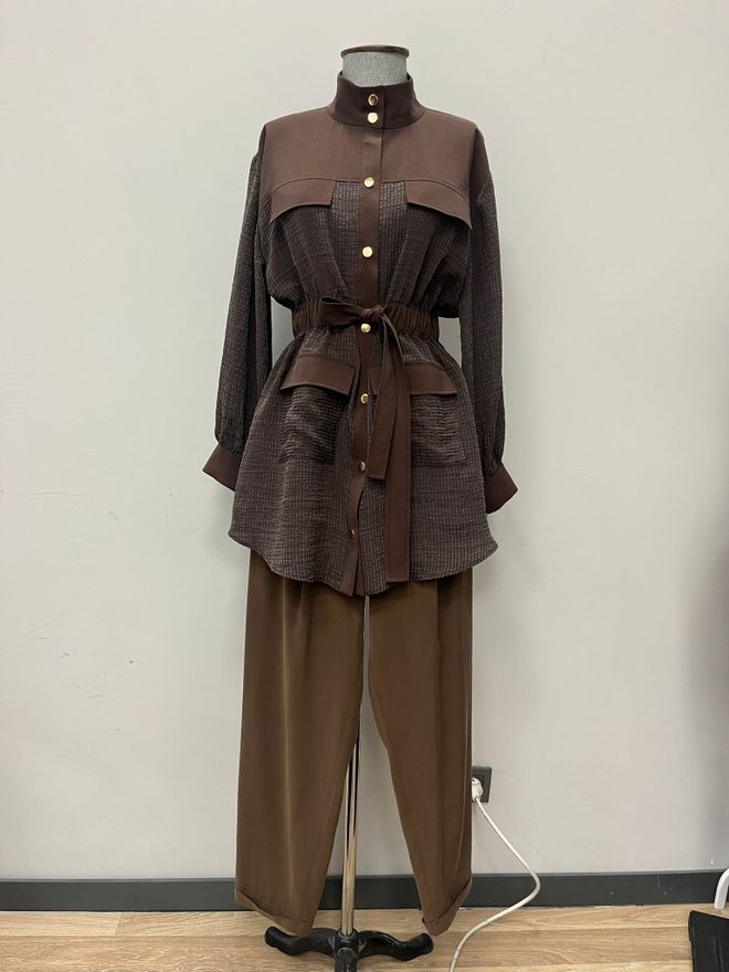 Puane Set Marrone Elegante A Quadri Per Lavoro E Sera Abbigliamento all'ingrosso Modesto