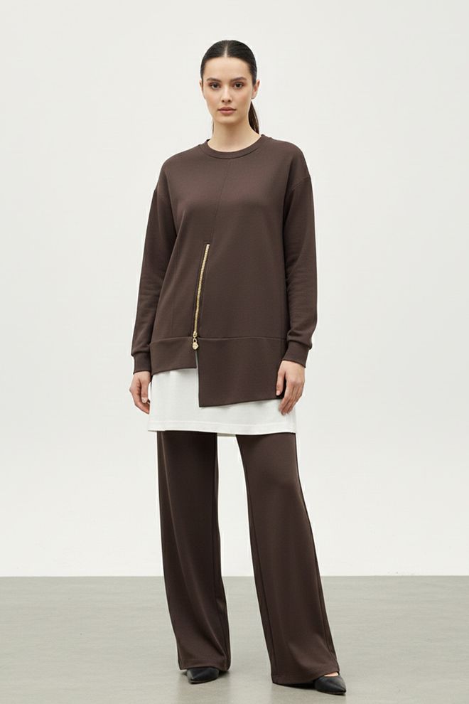 Puane Braunes Elegantes Oversized Palazzo Set Großhandelskleidung Modest