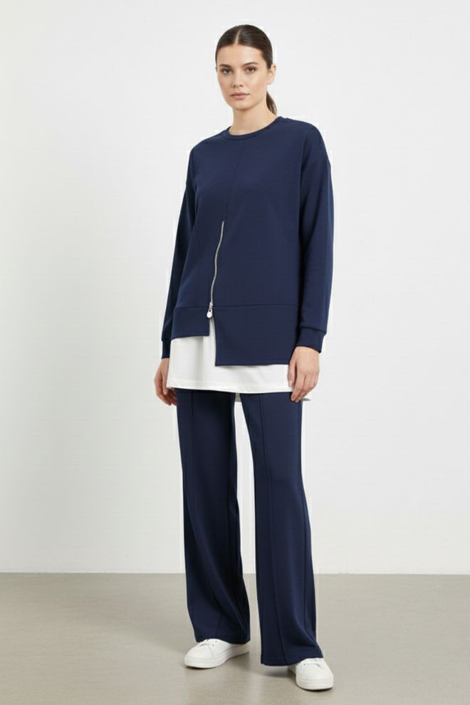 Puane جلس الأزرق الداكن ملابس كاجوال وأنيقة بسحاب ملابس بالجملة محتشم