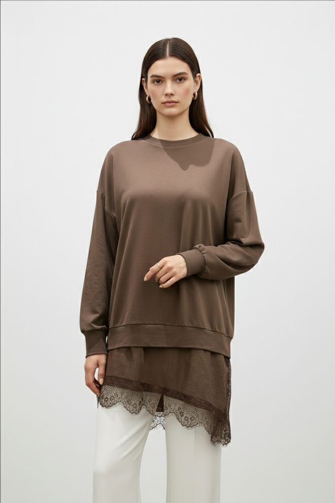 Puane Браон Неформалан Оверсизед Фит Туника Са Округлим Вратом Велепродаја одеће скроман