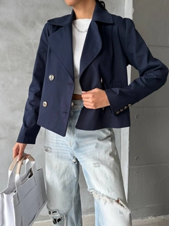 A wholesale clothing model wears qes10007-gabardine-jacket-navy-blue, Turkish wholesale Jacket of Qesto Fashion