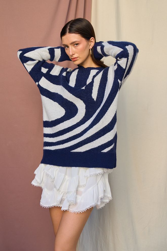 Qustyle Pulover S Zebrastim Uzorkom Mornarsko Plavo krem Veleprodaja odjeće Ležerni