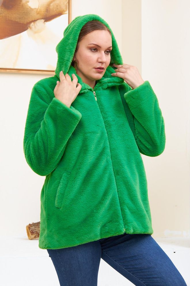 RMG Green Teddy Coat With Hooded Collar And Zip Up Closure Wholesale Clothing Fall