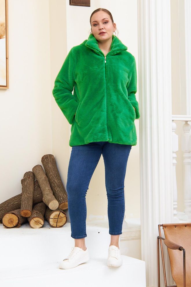 RMG Green Teddy Coat With Hooded Collar And Zip Up Closure Wholesale Clothing 5