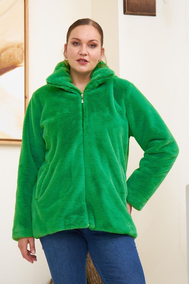 RMG Green Teddy Coat With Hooded Collar And Zip Up Closure Wholesale Clothing Modest