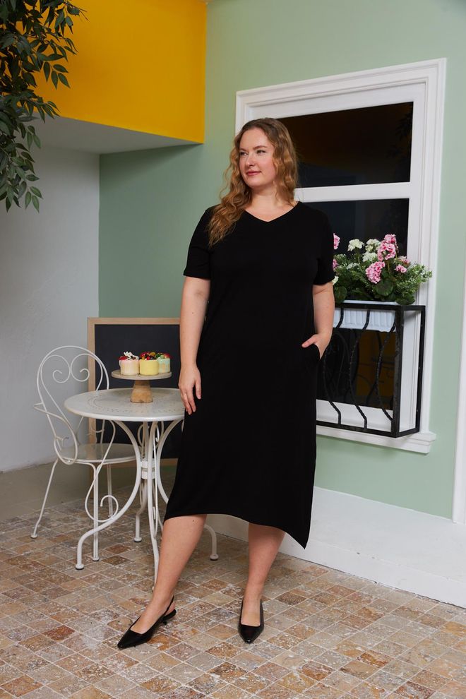 RMG فستان أسود أنيق بطول ميدي وقصة تحول برقبة على شكل V ملابس بالجملة ربيع