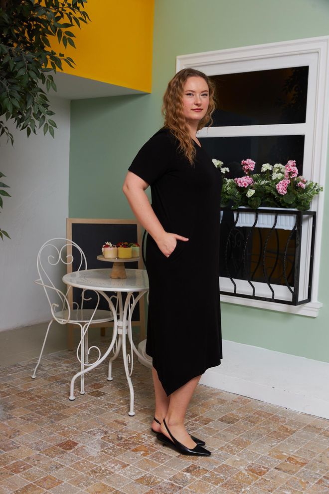 RMG فستان أسود أنيق بطول ميدي وقصة تحول برقبة على شكل V ملابس بالجملة 1