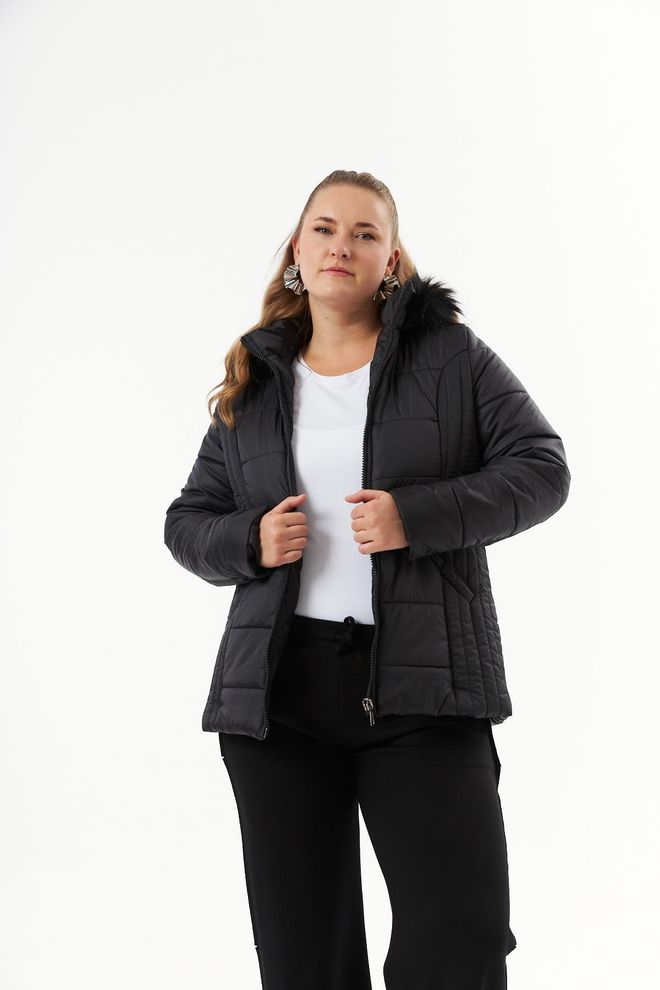 RMG Abrigo Negro Acolchado Con Capucha Ropa al por mayor Talla grande
