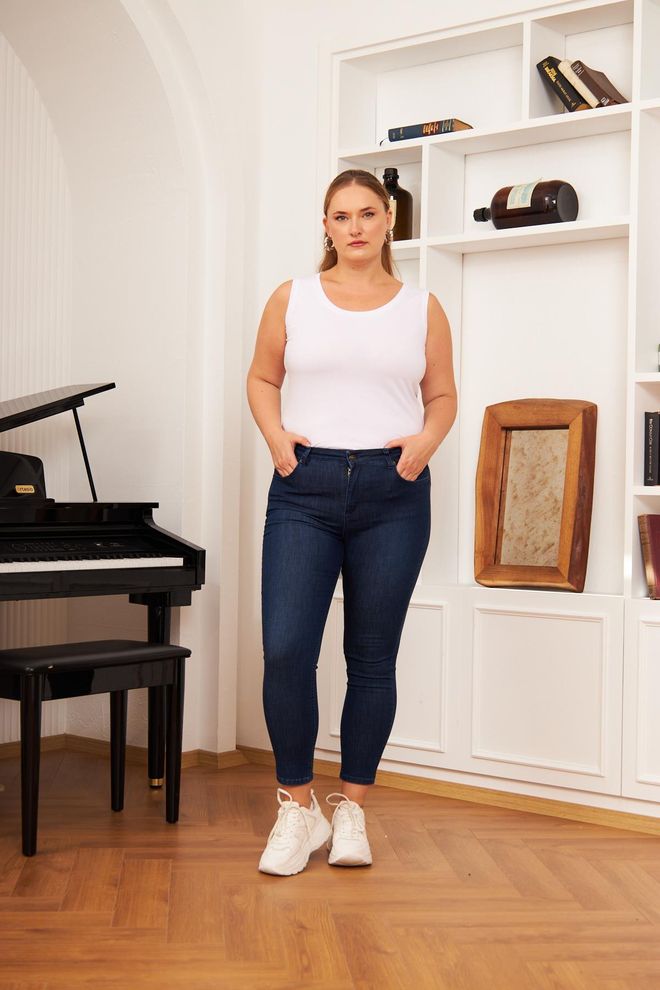 RMG Blue Plus Size Casual Jeans With Mid Waist And Cropped Skinny Leg Wholesale Clothing Casual