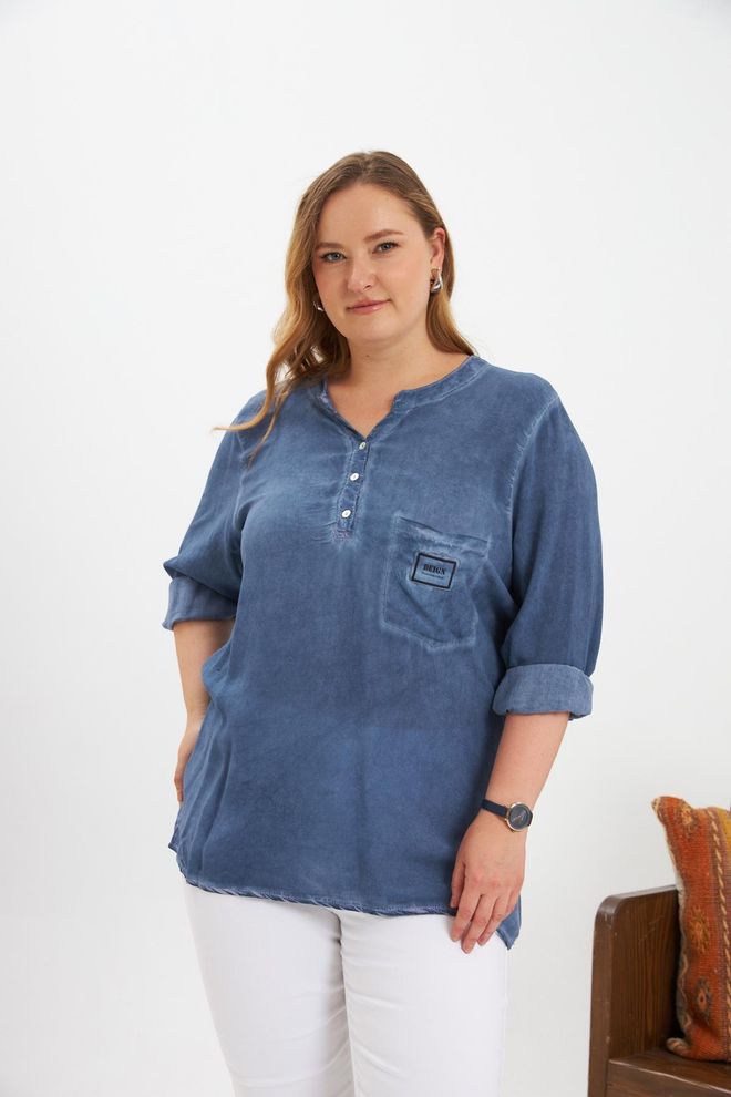 RMG Blue Casual Plus Size Blouse With Grandad Neck Wholesale Clothing Plus Size