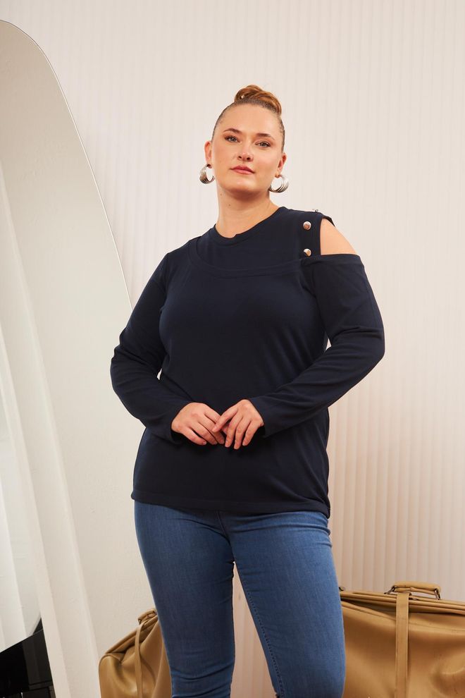 RMG Navy Blue Plus Size Casual Elegant Blouse Wholesale Clothing Plus Size