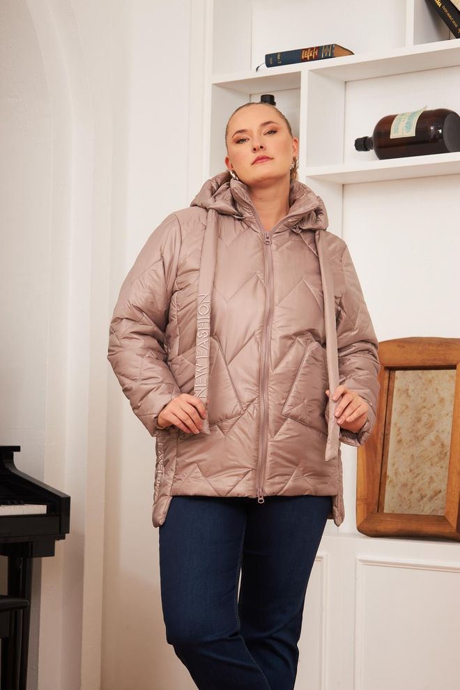 RMG Beige Puffer Hooded Coat With Flap Pockets Wholesale Clothing Plus Size