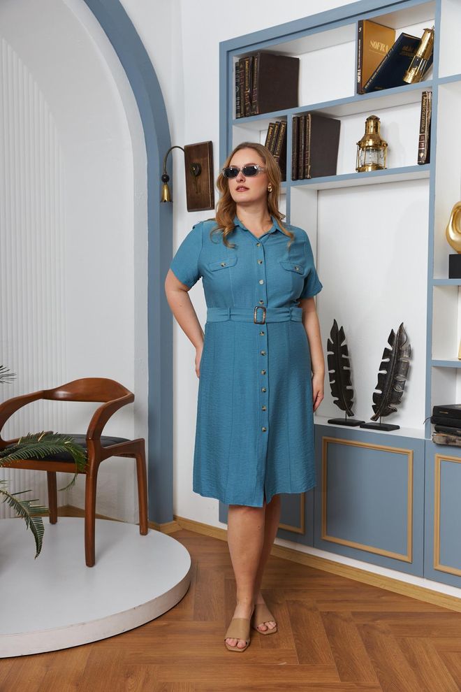 RMG Robe Chemise Bleue Élégante À Encolure Échancrée Vêtements en gros Modeste