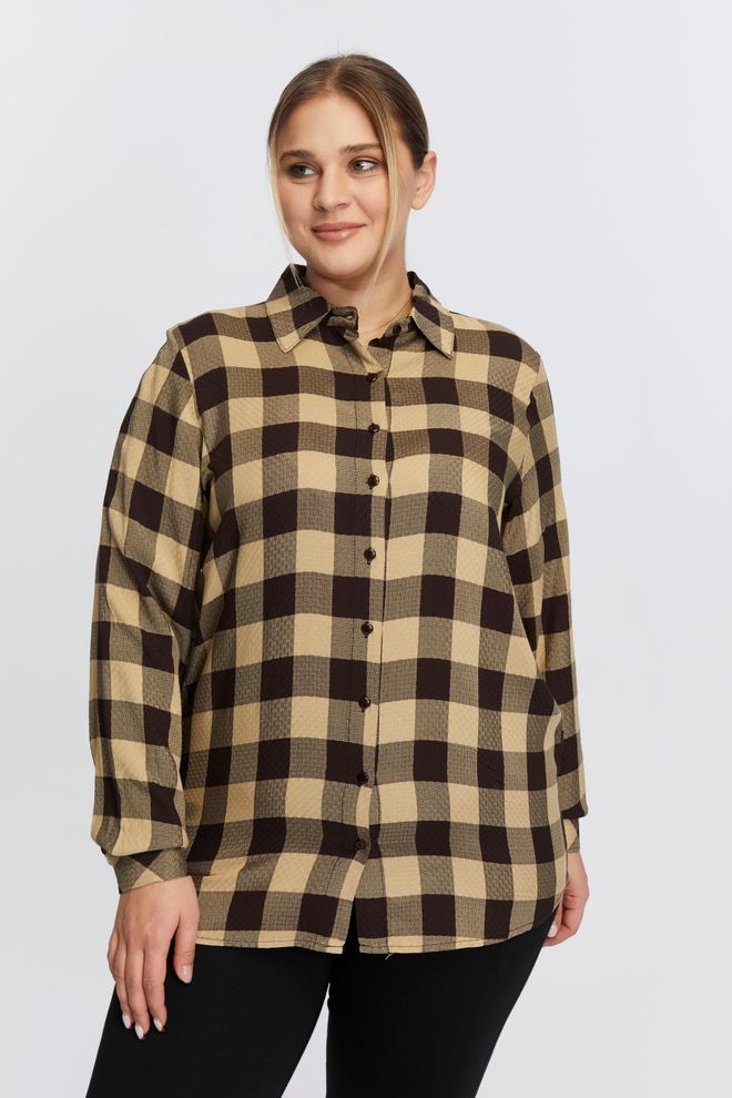 RMG Chemise Kaki Décontracté Grande Taille Damier Boutonné Manches Longues Manches Droites Coupe Régulière Encolure Polo Longueur Régulière Vêtements en gros Grande taille