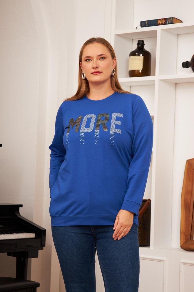 RMG Mavi Büyük Beden Gündelik Sweatshirt Toptan Giyim Büyük Beden