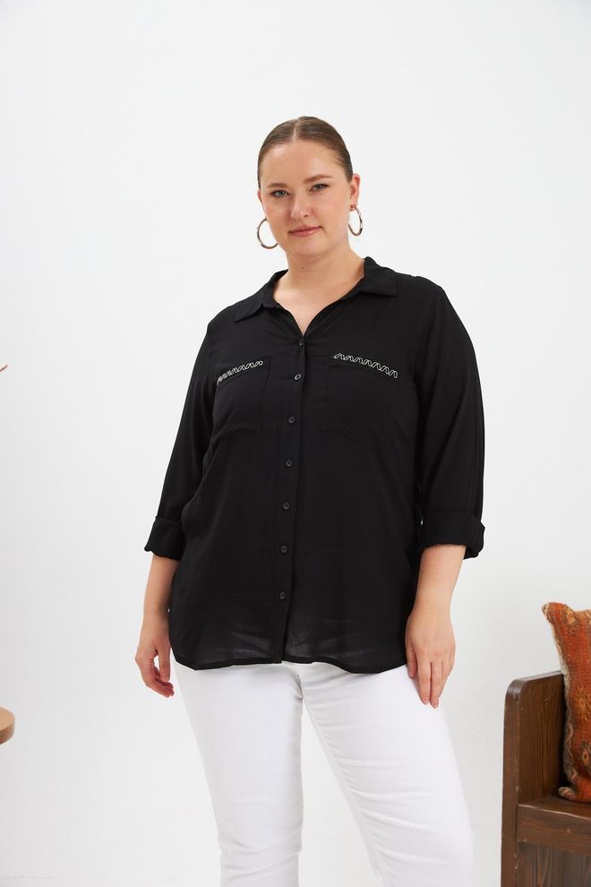 RMG Black Plus Size Elegant Shirt With 3/4 Sleeves Wholesale Clothing Plus Size