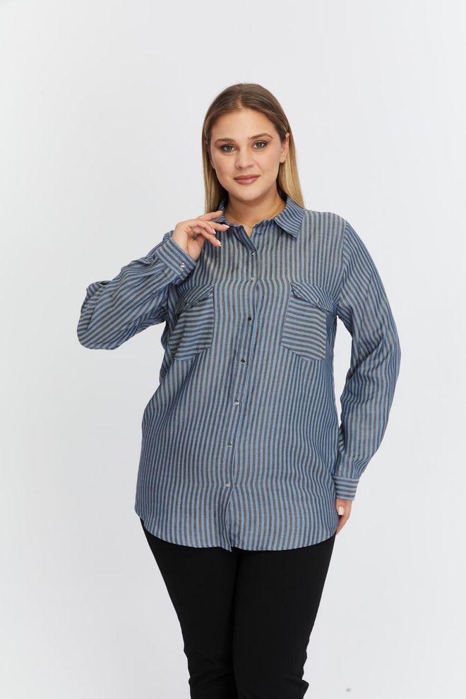 RMG Blue Plus Size Casual Striped Polo Neck Shirt Wholesale Clothing Plus Size